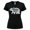 Women's black crew neck t-shirt with white Mama Bear floral bear silhouette in soft pastel teal, blush pink, and sage green botanical florals