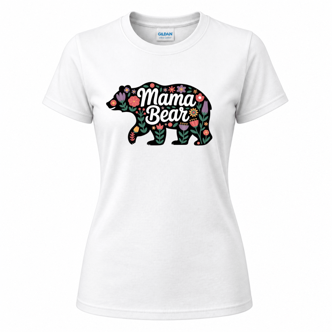 White women's crew neck tee with bold pink poppy and thistle floral bear silhouette and Mama Bear script Mother's Day gift shirt