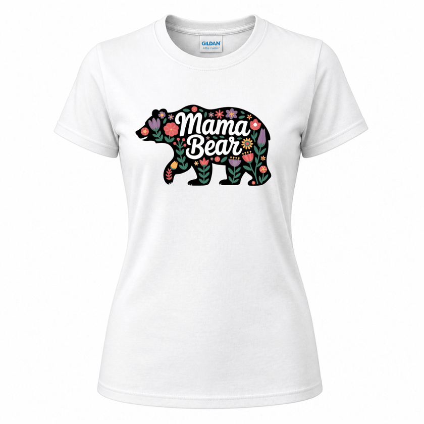 White women's crew neck tee with bold pink poppy and thistle floral bear silhouette and Mama Bear script Mother's Day gift shirt