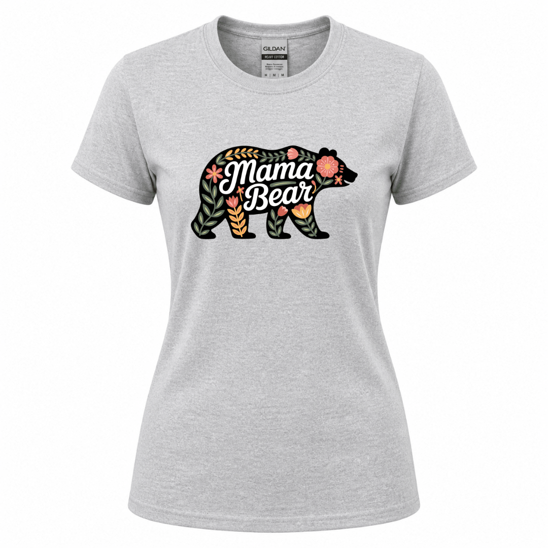 Heather sport grey women's t-shirt with dark bear silhouette filled with coral, amber, and sage botanical leaves and Mama Bear cursive script