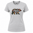 Heather sport grey women's t-shirt with dark bear silhouette filled with coral, amber, and sage botanical leaves and Mama Bear cursive script