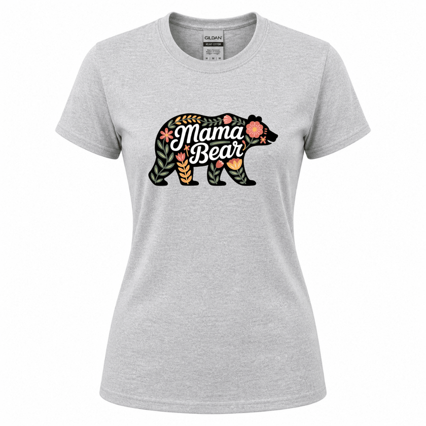 Heather sport grey women's t-shirt with dark bear silhouette filled with coral, amber, and sage botanical leaves and Mama Bear cursive script
