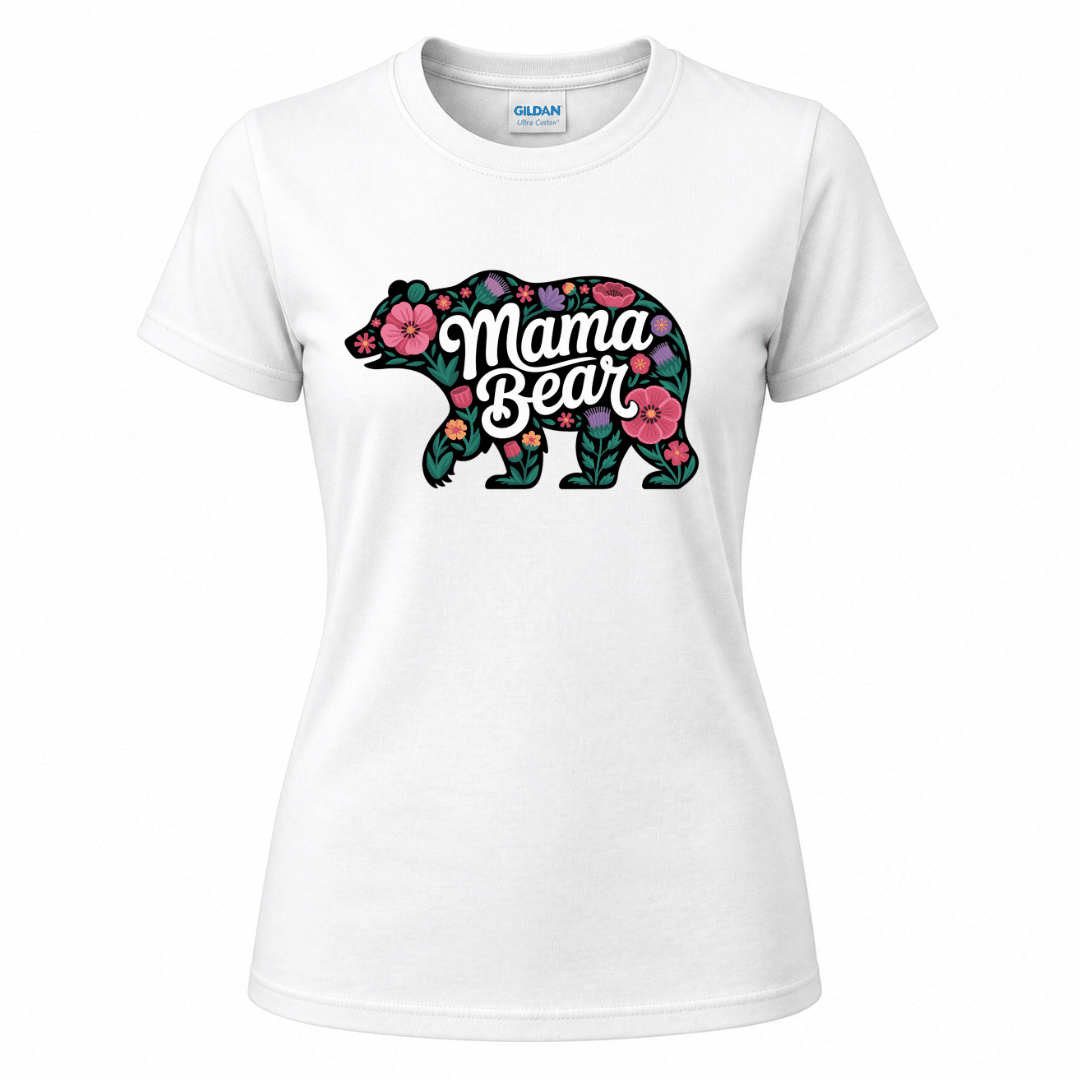 White Gildan women's t-shirt featuring a black bear silhouette filled with vibrant multicolour wildflowers and Mama Bear script graphic