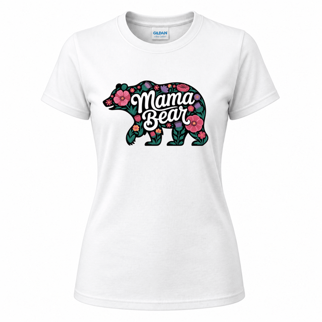 White Gildan women's t-shirt featuring a black bear silhouette filled with vibrant multicolour wildflowers and Mama Bear script graphic