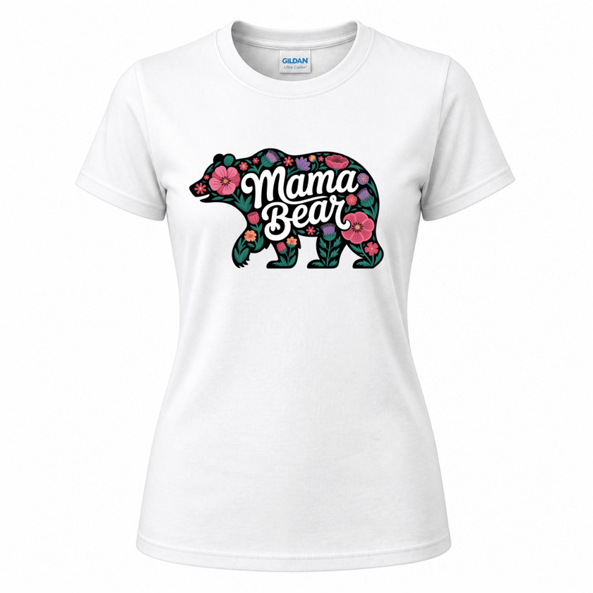 White Gildan women's t-shirt featuring a black bear silhouette filled with vibrant multicolour wildflowers and Mama Bear script graphic