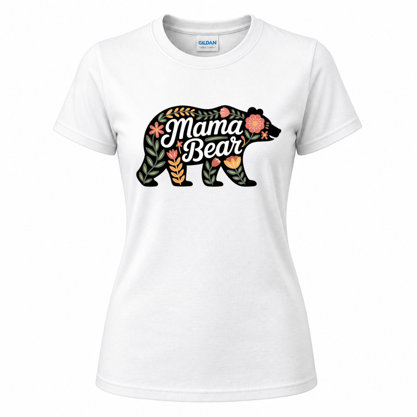 White Gildan women's t-shirt with dark Mama Bear bear silhouette featuring a minimal autumn botanical design of coral, peach, and sage green leaves