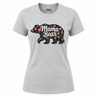 Women's heather grey Mama Bear t-shirt featuring a dark bear silhouette filled with a wildflower garden of pink, purple, orange, and green florals
