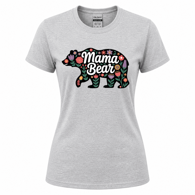 Women's heather grey Mama Bear t-shirt featuring a dark bear silhouette filled with a wildflower garden of pink, purple, orange, and green florals