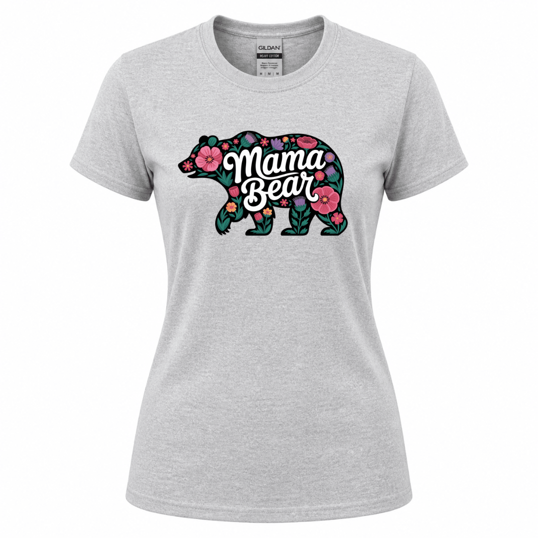 Sport grey Gildan women's tee with Mama Bear graphic dark bear silhouette with bright pink poppies, purple thistles, and teal botanical stems