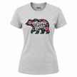 Sport grey Gildan women's tee with Mama Bear graphic dark bear silhouette with bright pink poppies, purple thistles, and teal botanical stems