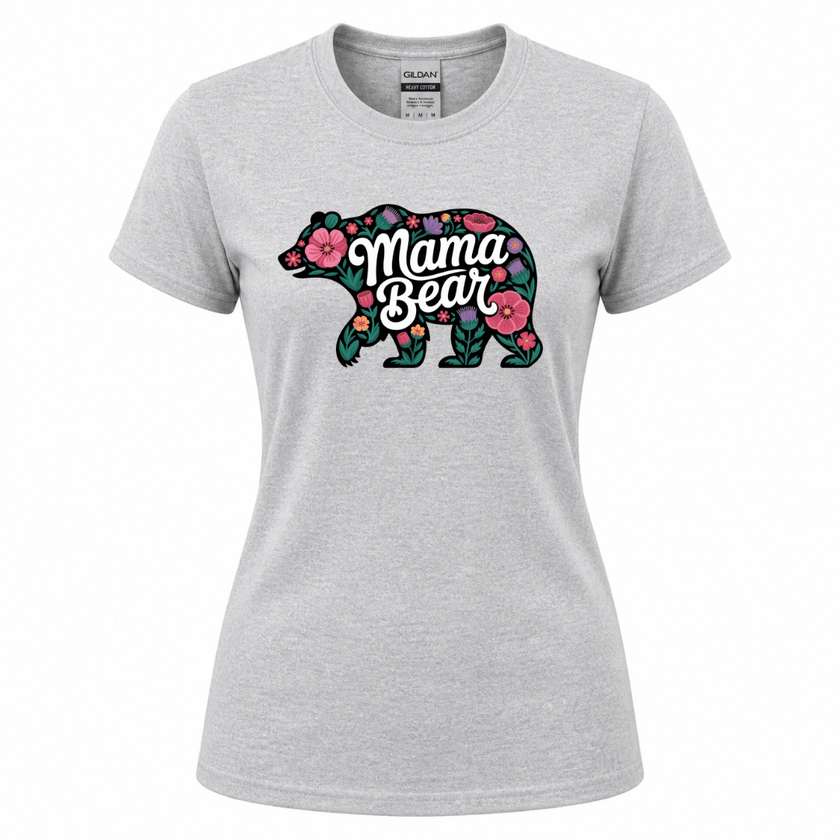 Sport grey Gildan women's tee with Mama Bear graphic dark bear silhouette with bright pink poppies, purple thistles, and teal botanical stems