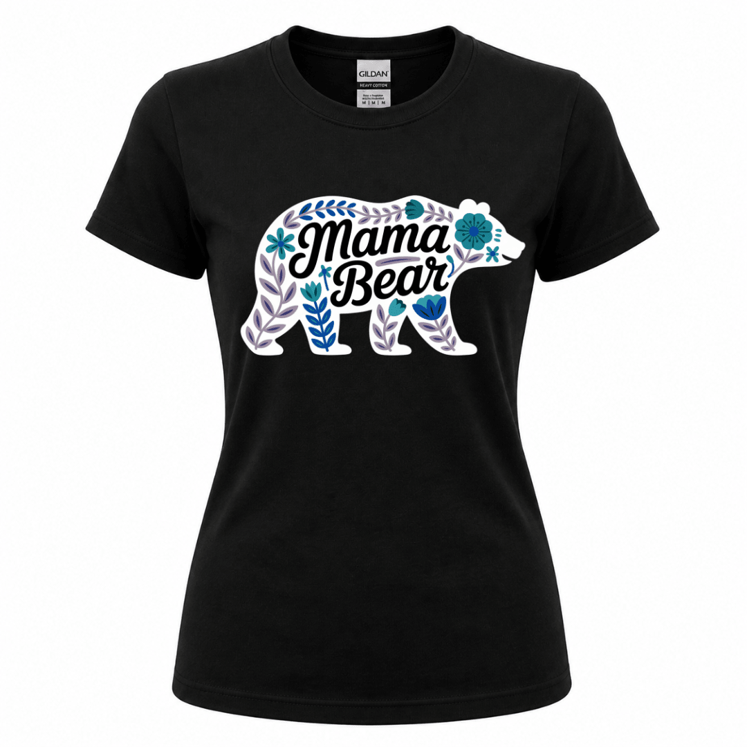 Black Gildan heavy cotton women's tee with white floral bear silhouette filled with blue, violet, and teal botanical flowers Mama Bear script in black