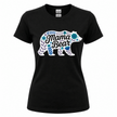 Black Gildan heavy cotton women's tee with white floral bear silhouette filled with blue, violet, and teal botanical flowers Mama Bear script in black