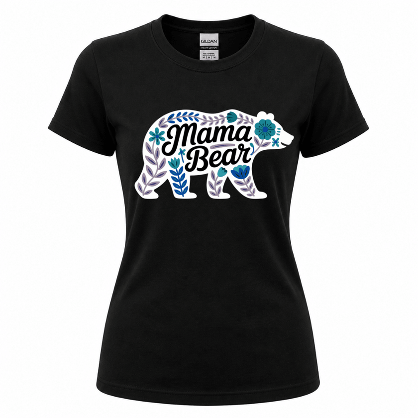 Black Gildan heavy cotton women's tee with white floral bear silhouette filled with blue, violet, and teal botanical flowers Mama Bear script in black