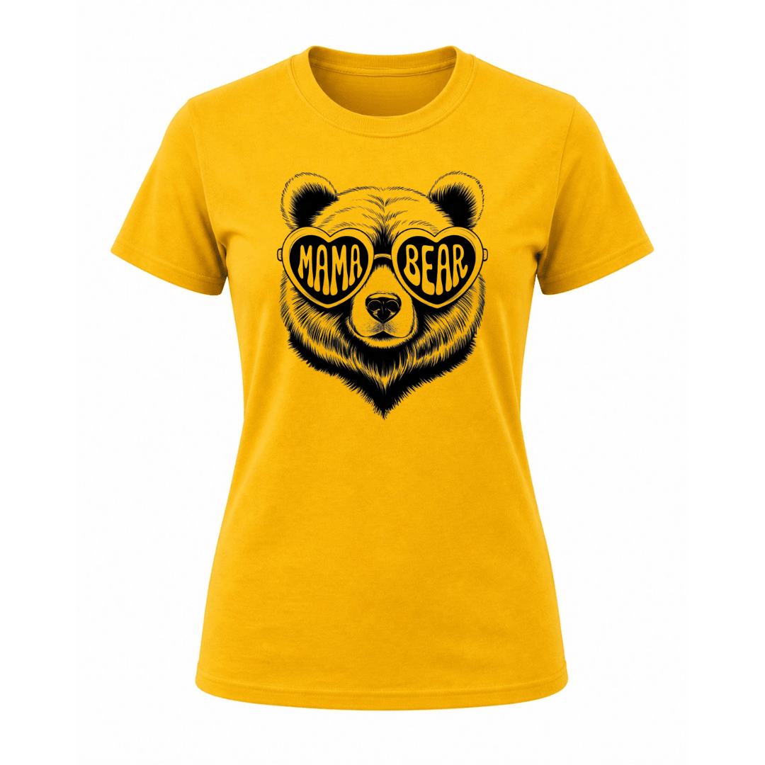 Yellow Mama Bear graphic tee for women featuring trendy bear design and casual fit