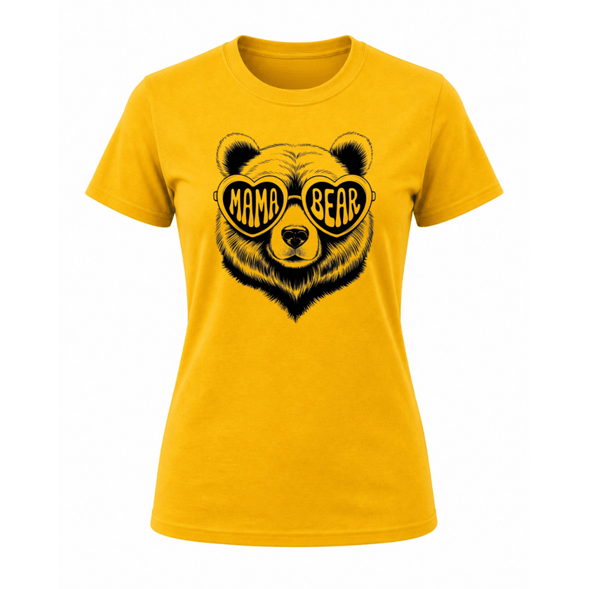 Yellow Mama Bear graphic tee for women featuring trendy bear design and casual fit
