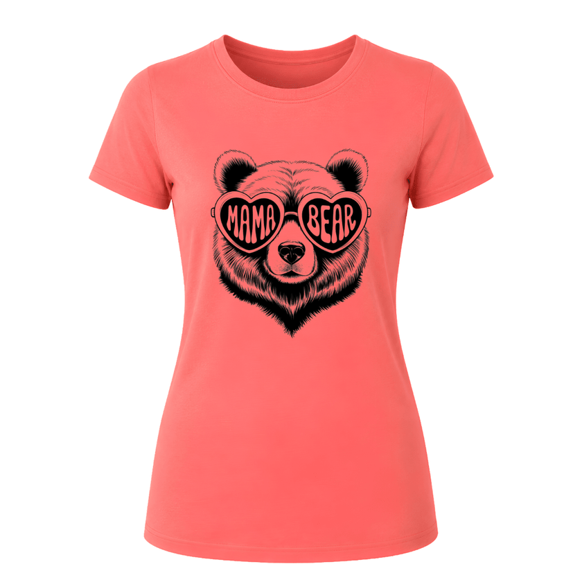 Coral Silk women's graphic tee featuring adorable Mama Bear illustration and modern style