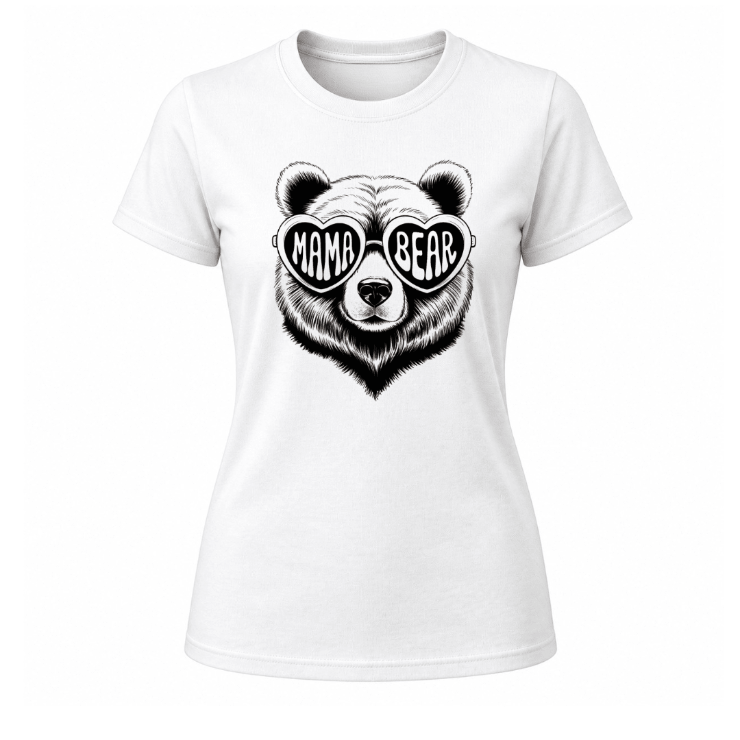 White Mama Bear women's t shirt with playful bear illustration and stylish graphic artwork