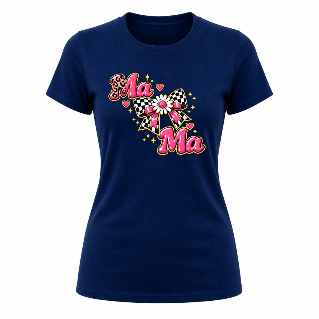 Navy blue women’s graphic tee with mama text floral bow artwork and trendy casual fashion look