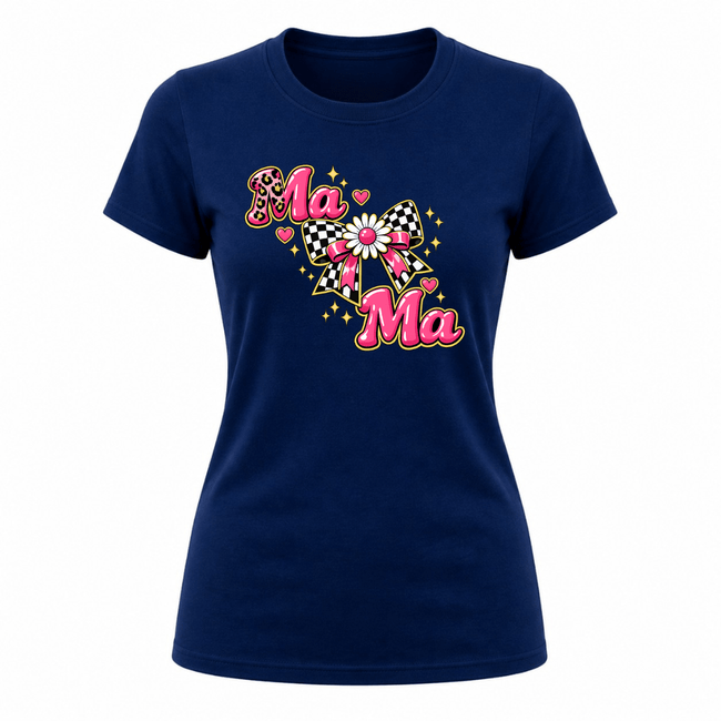 Navy blue women’s graphic tee with mama text floral bow artwork and trendy casual fashion look