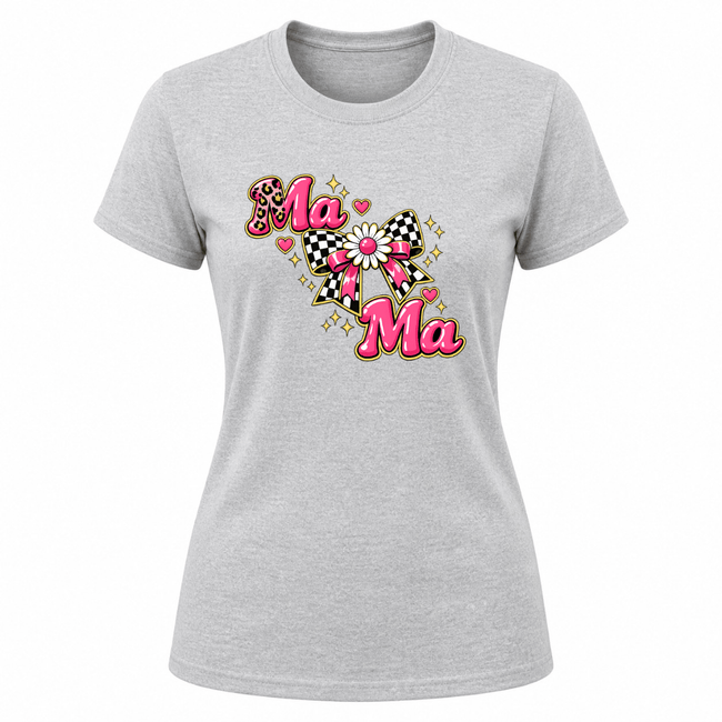 Heather grey mama shirt with pink graphic typography hearts and stylish checkered bow illustration