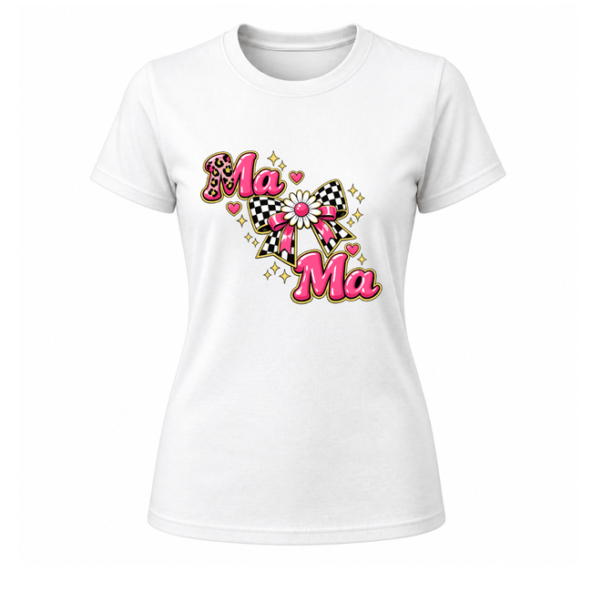 White women’s casual mama T shirt with colorful bow graphic and boutique inspired mom life design