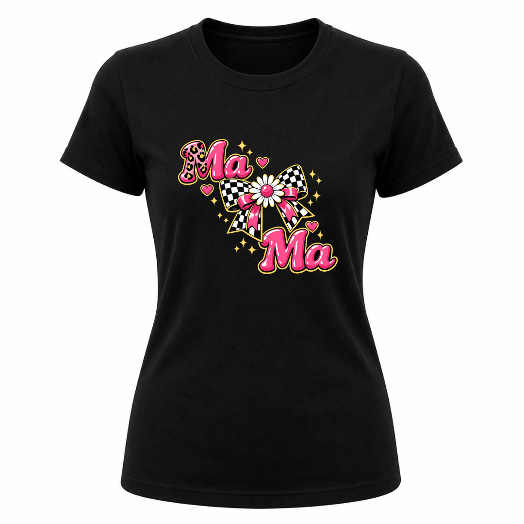 Black mama graphic tee featuring trendy pink lettering daisy bow artwork and feminine aesthetic details