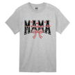 Heather gray adult t-shirt featuring distressed MAMA graphic tee with red bow, hearts, stars, and cursive mama script