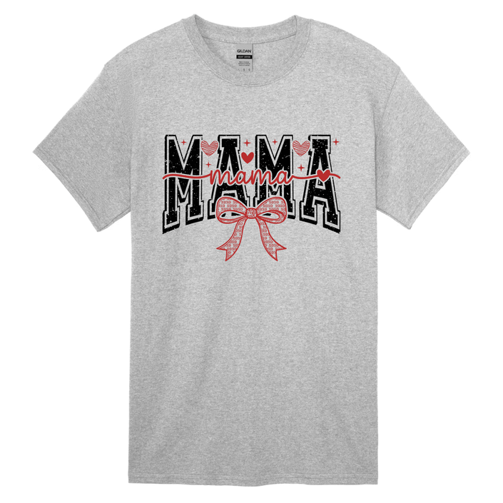 Heather gray adult t-shirt featuring distressed MAMA graphic tee with red bow, hearts, stars, and cursive mama script