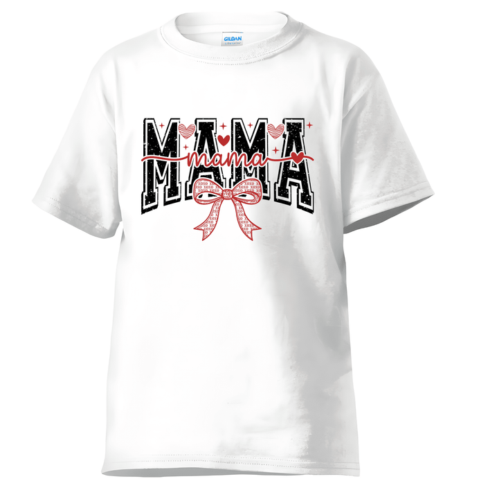 White t-shirt with 'MAMA' text and bow design on a white background