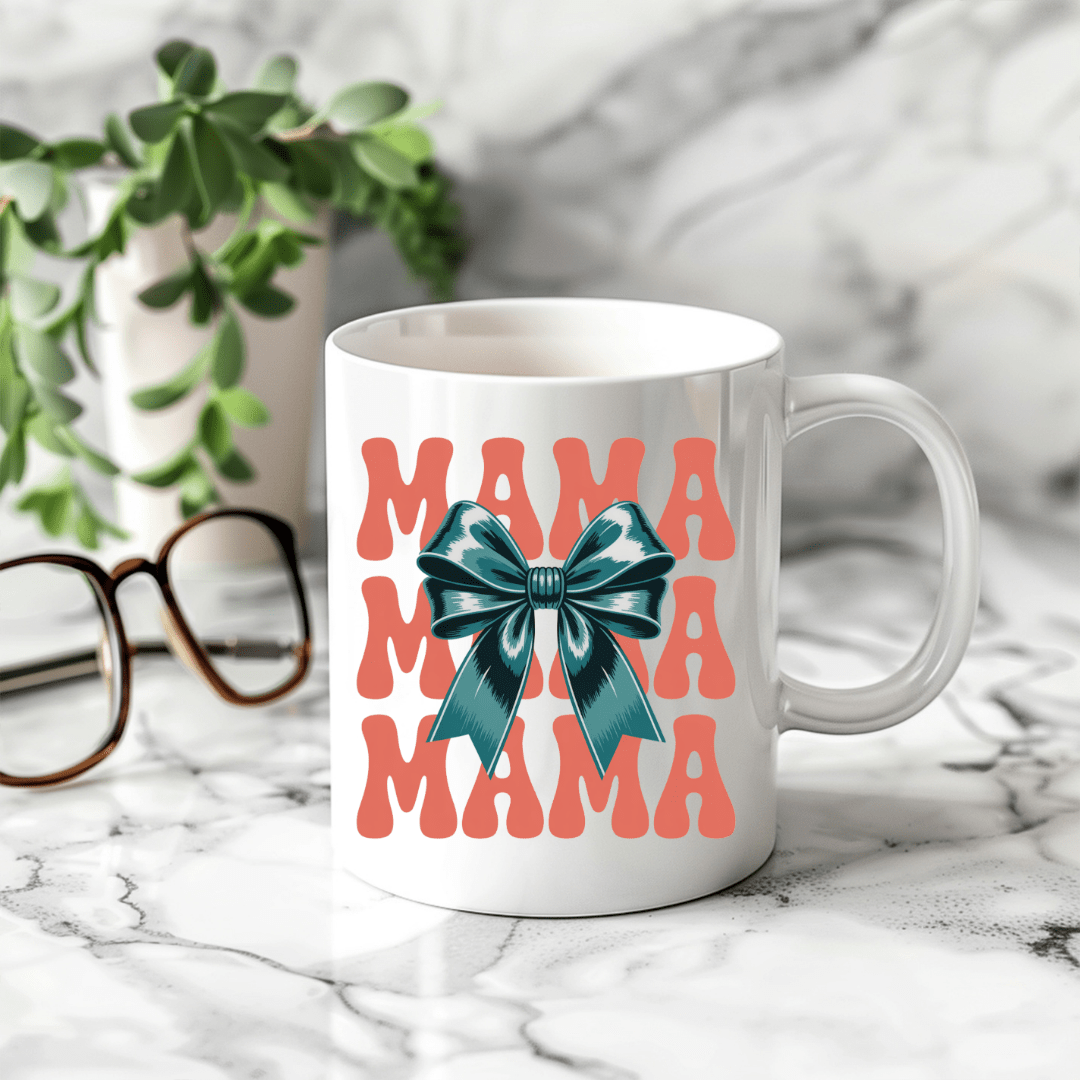 White mama mug with coral text and teal bow design trendy gift for mom
