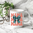 White mama mug with coral text and teal bow design trendy gift for mom