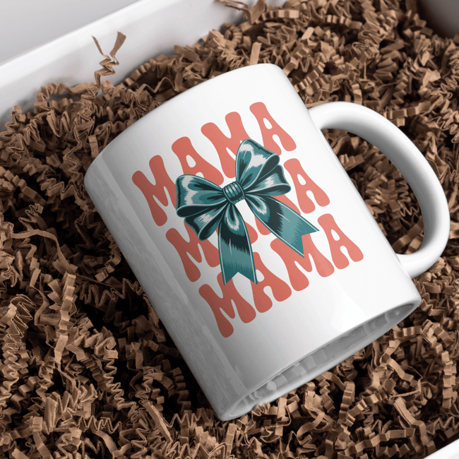 Stylish mama coffee mug with bow graphic aesthetic design for mothers
