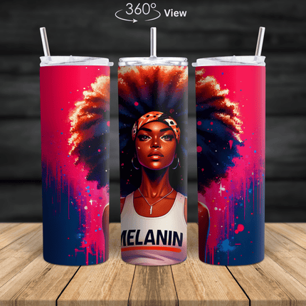 Melanin empowerment stainless steel tumbler with Afrocentric Black woman art and bold colorful paint splash design