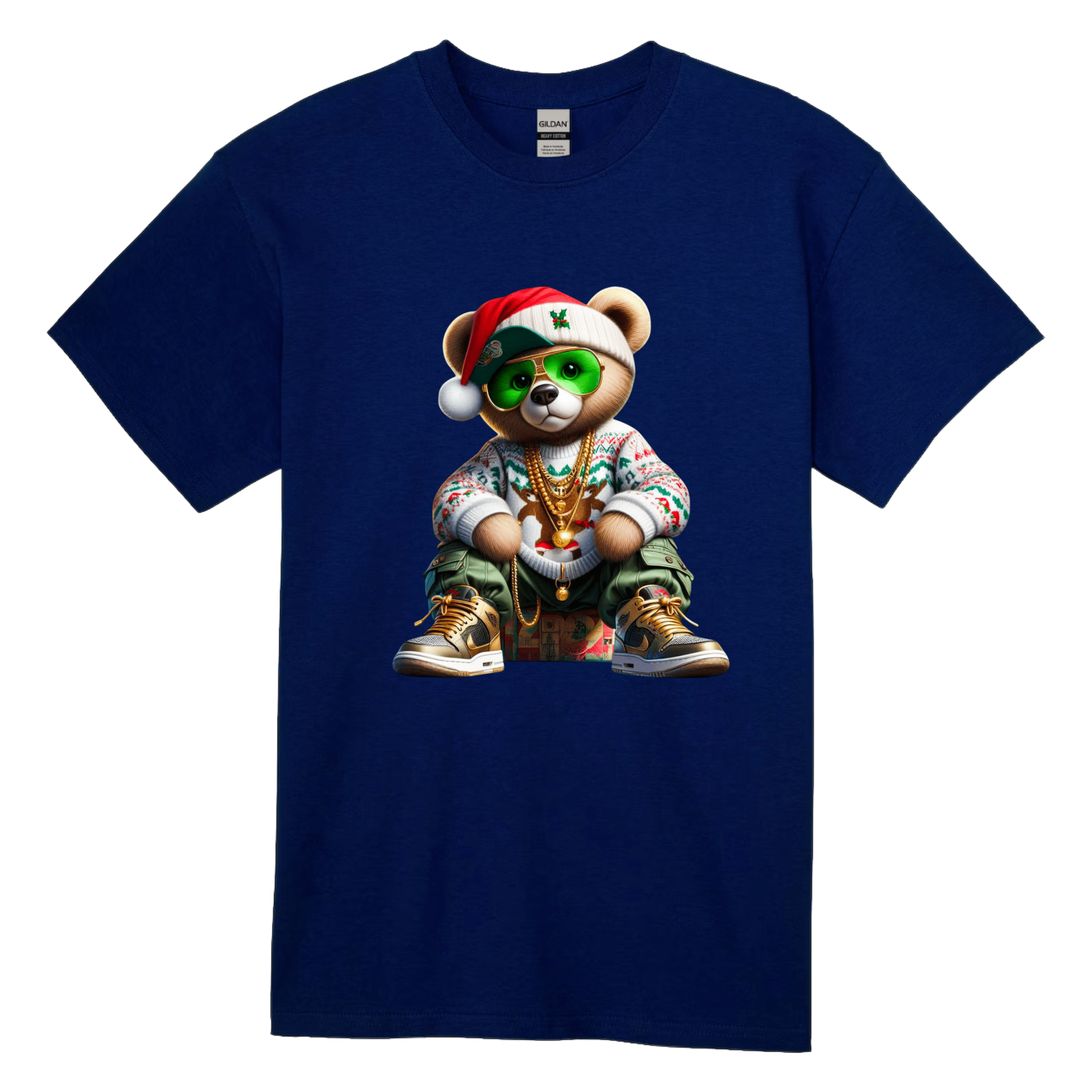 Navy blue men's t-shirt featuring a hip-hop Christmas bear with sunglasses, gold chains, and Santa hat.