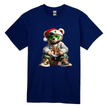 Navy blue men's t-shirt featuring a hip-hop Christmas bear with sunglasses, gold chains, and Santa hat.