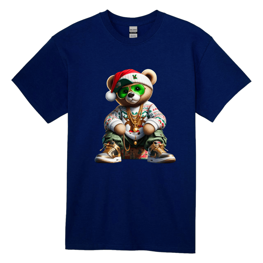 Navy blue men's t-shirt featuring a hip-hop Christmas bear with sunglasses, gold chains, and Santa hat.