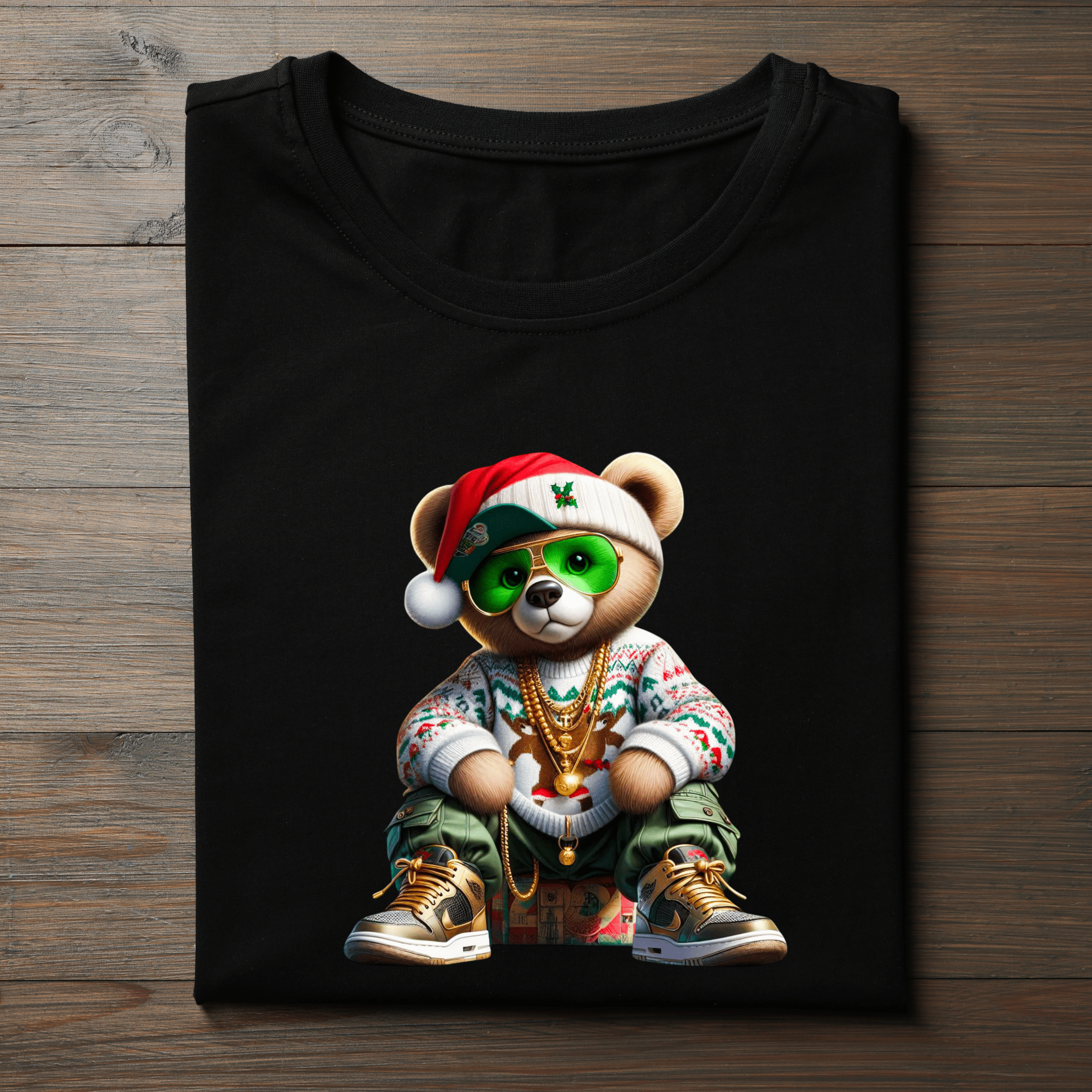 Close-up view of hip-hop Christmas bear graphic with gold chains and Santa hat.