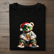Close-up view of hip-hop Christmas bear graphic with gold chains and Santa hat.