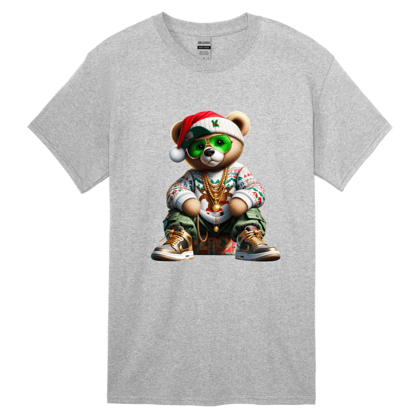 Gray men's urban Christmas t-shirt with cool rapper bear holiday artwork.