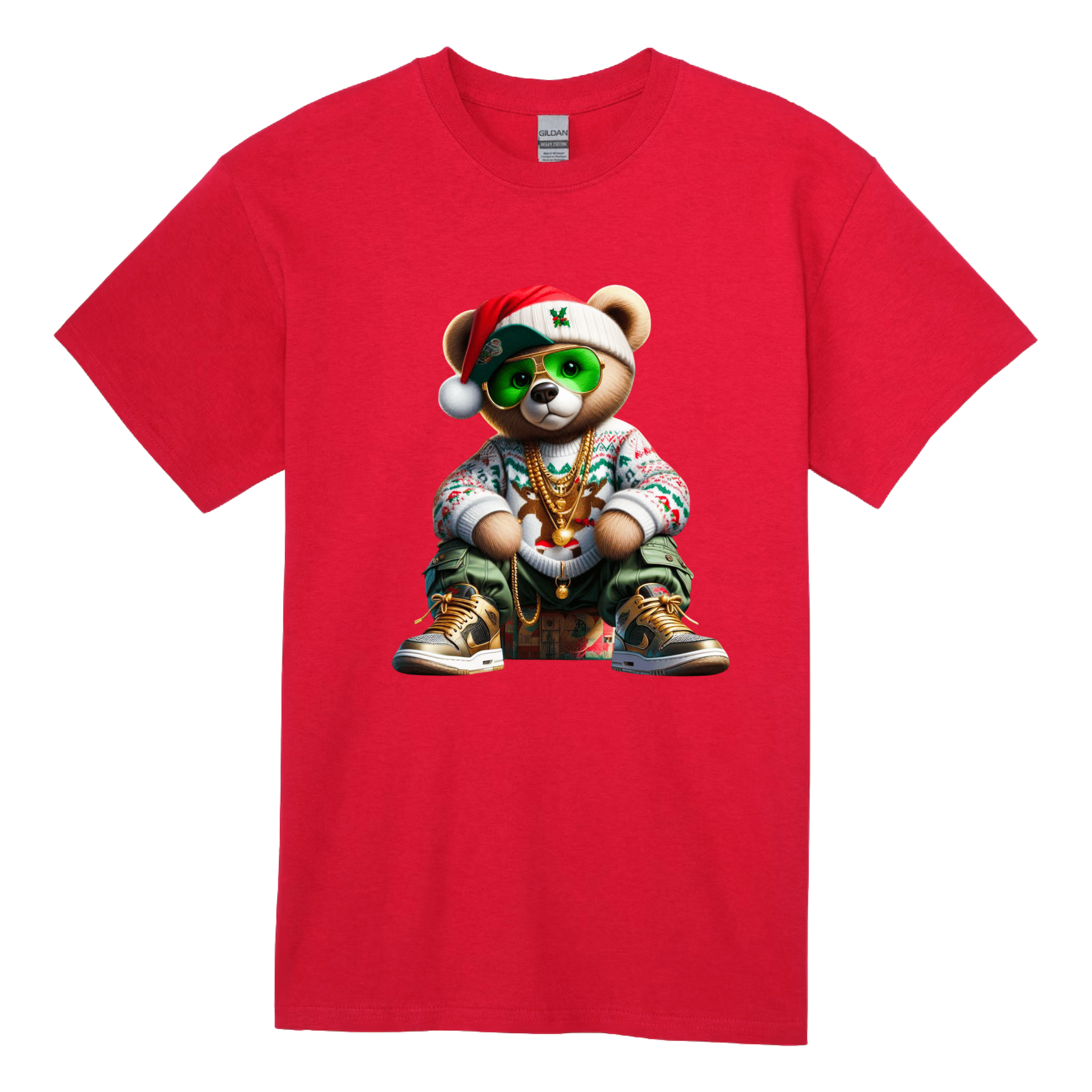 Red men's holiday streetwear shirt featuring hip-hop style Christmas bear design.