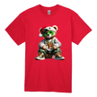 Red men's holiday streetwear shirt featuring hip-hop style Christmas bear design.