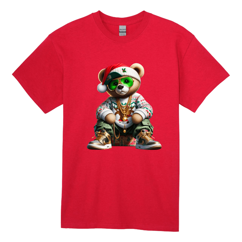 Red men's holiday streetwear shirt featuring hip-hop style Christmas bear design.