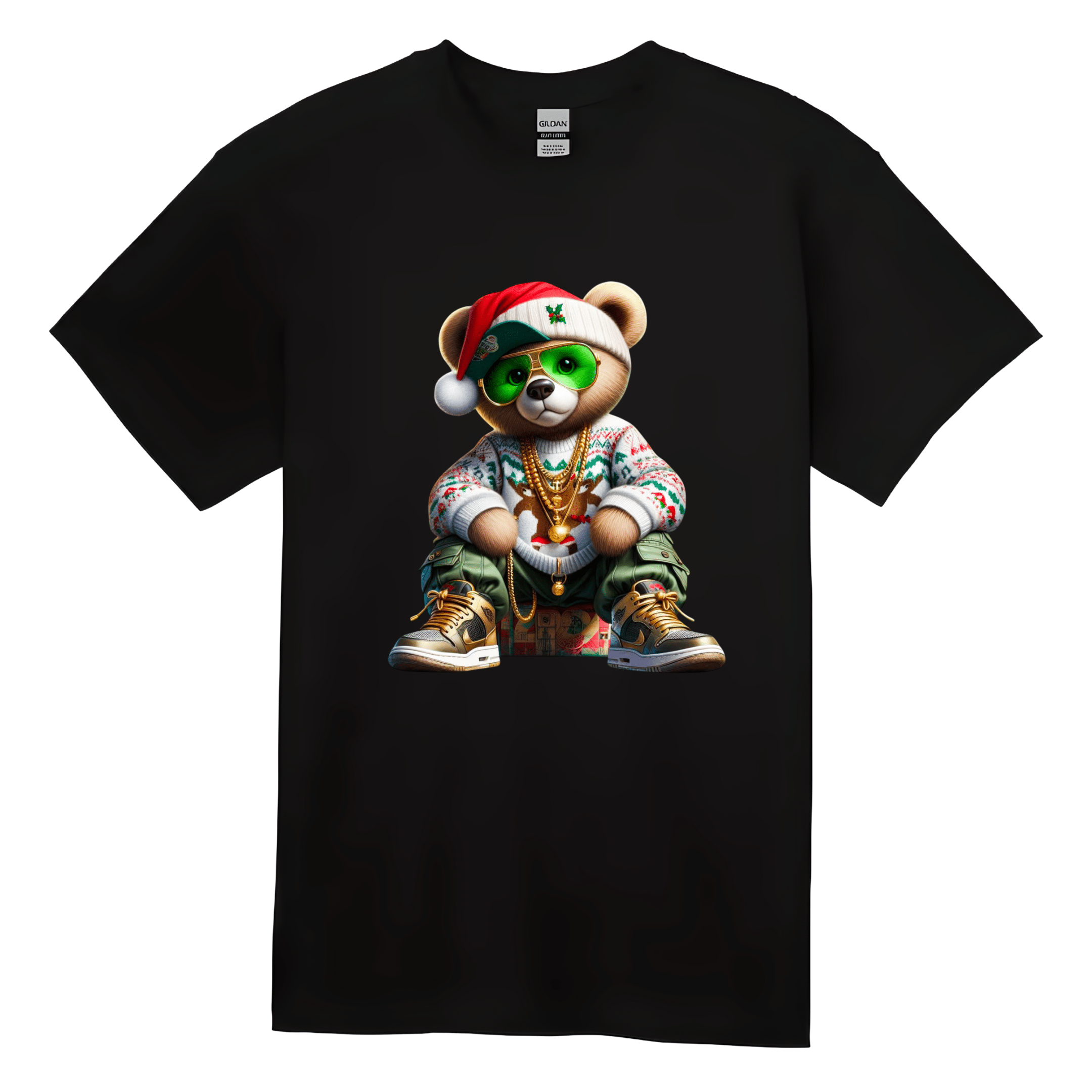 Black, men's Christmas shirt with cool rapper teddy bear wearing gold chains and holiday gear.