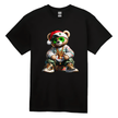 Black, men's Christmas shirt with cool rapper teddy bear wearing gold chains and holiday gear.