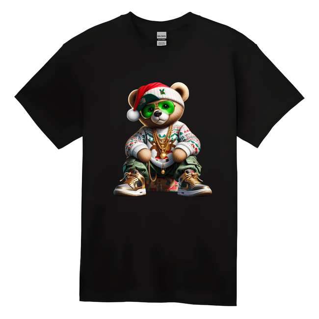 Black, men's Christmas shirt with cool rapper teddy bear wearing gold chains and holiday gear.