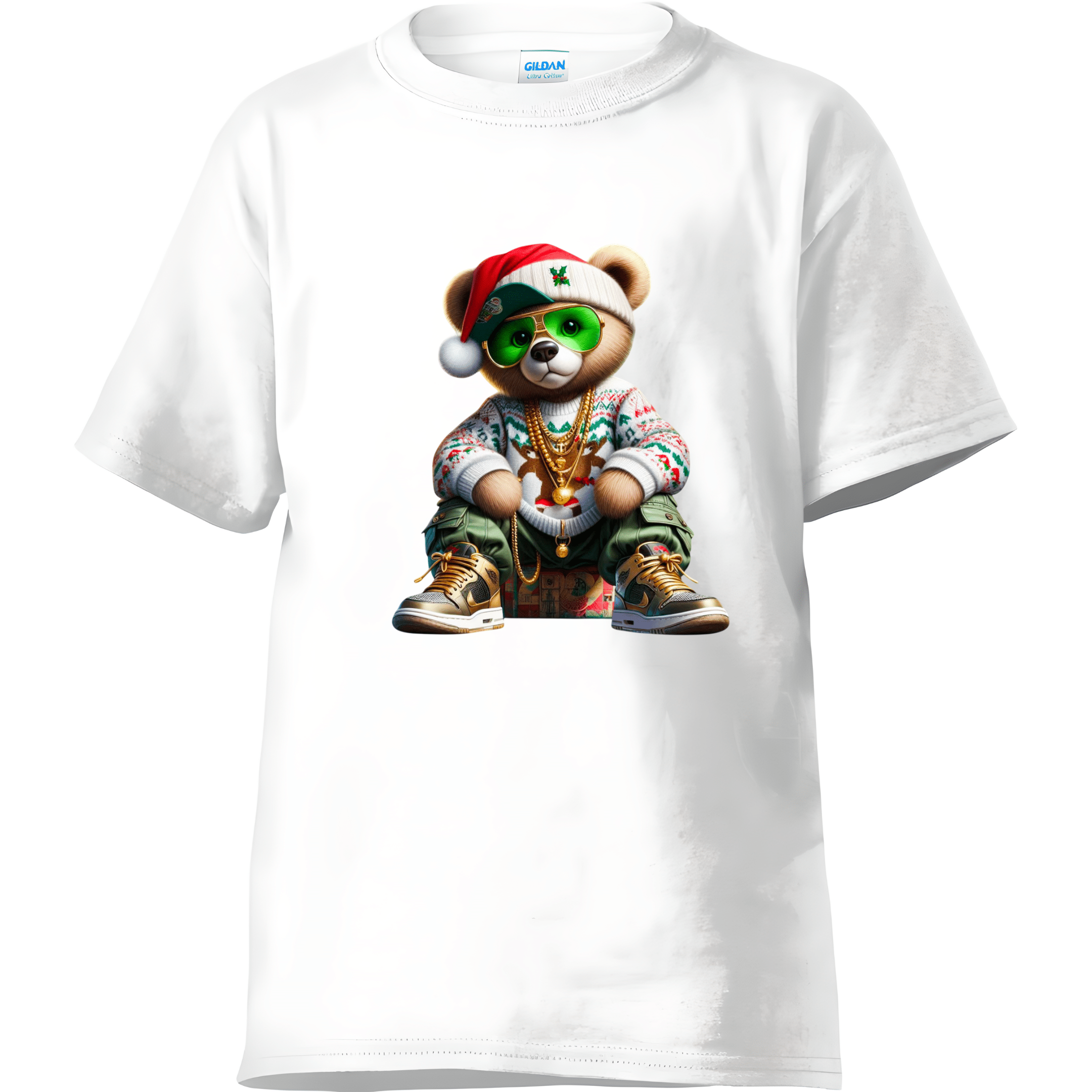 White men's festive t-shirt with hip-hop Santa bear graphic wearing sunglasses and sneakers