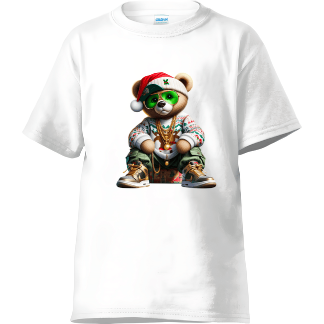 White men's festive t-shirt with hip-hop Santa bear graphic wearing sunglasses and sneakers
