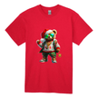 Adult men’s red Christmas tee featuring a fashionable Santa bear with gold chains and reflective sunglasses.