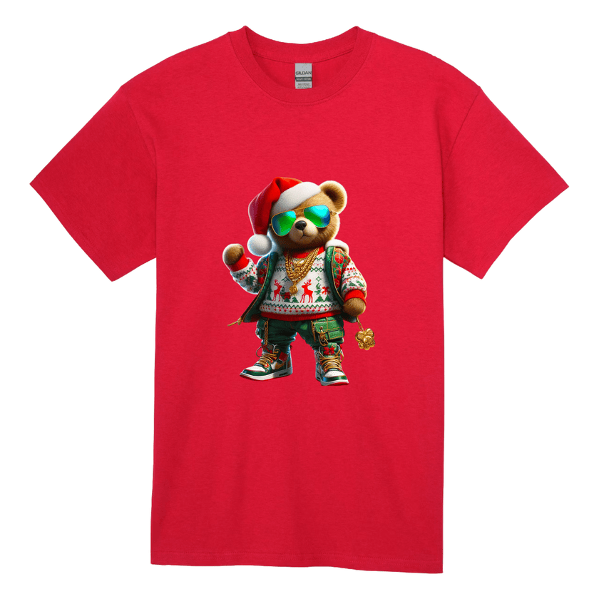 Adult men’s red Christmas tee featuring a fashionable Santa bear with gold chains and reflective sunglasses.
